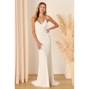 Lulus Cherished Vow White Beaded Backless Mermaid Maxi Wedding Dress Size Medium